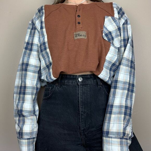 Wrangler Reworked Brown Western Long Sleeve Relaxed Flannel Henley Shirt Top - Picture 2 of 3